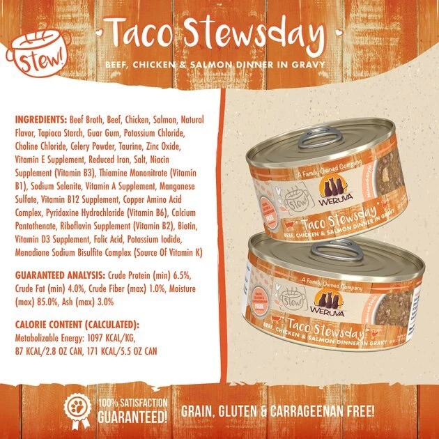 Weruva Classic Cat Taco Stewsday Beef, Chicken & Salmon in Gravy Canned Cat Food - Image 4