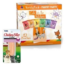 Inaba||Weruva Inaba Ciao Grain-Free Grilled Chicken Fillet Extra Tender in Crab Flavored Broth Cat Treat, 0.9-oz pouch + Weruva Cats in the Kitchen Variety Pack Grain-Free Cat Food Pouches, 3-oz, case of 12