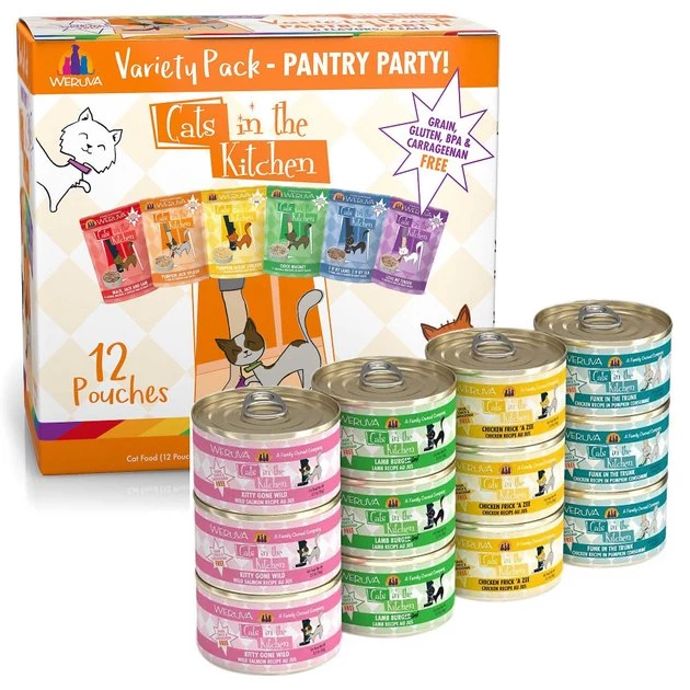 Weruva Cats in the Kitchen Variety Pack Grain-Free Cat Food Pouches, 3-oz, case of 12 + Weruva Cats in the Kitchen Cuties Variety Pack Grain-Free Canned Cat Food, 3.2-oz, case of 12