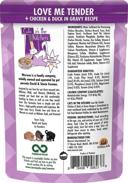 Weruva Cats in the Kitchen Love Me Tender Chicken & Duck Recipe Grain-Free Cat Food Pouches, 3-oz pouch, case of 12 + Weruva Cats in the Kitchen Variety Pack Grain-Free Cat Food Pouches, 3-oz, case of 12 - Image 3