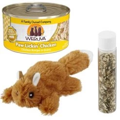 Weruva||Frisco Weruva Paw Lickin' Chicken in Gravy Grain-Free Canned Cat Food, 3-oz, case of 24 + Frisco Refillable Catnip Cat Toy, Brown Squirrel