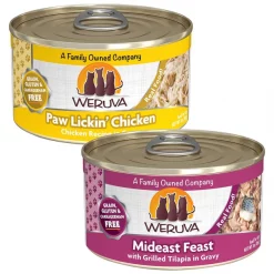 Weruva Paw Lickin' Chicken in Gravy Grain-Free Canned Cat Food, 3-oz, case of 24 + Weruva Mideast Feast with Grilled Tilapia in Gravy Grain-Free Canned Cat Food, 3-oz, case of 24