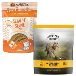 Weruva||American Journey Weruva Slide N' Serve Love Connection Chicken & Salmon Dinner Pate Grain-Free Cat Food Pouches, 5.5-oz pouch, case of 12 + American Journey 100% Chicken Freeze-Dried Grain-Free Cat Treats, 5-oz bag