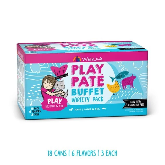 Weruva B.F.F. PLAY - Best Feline Friend Paté Lovers, Aw Yeah! Blue Paté Buffet Variety Pack Wet Cat Food, 2.8-oz, 18 pack - Image 2