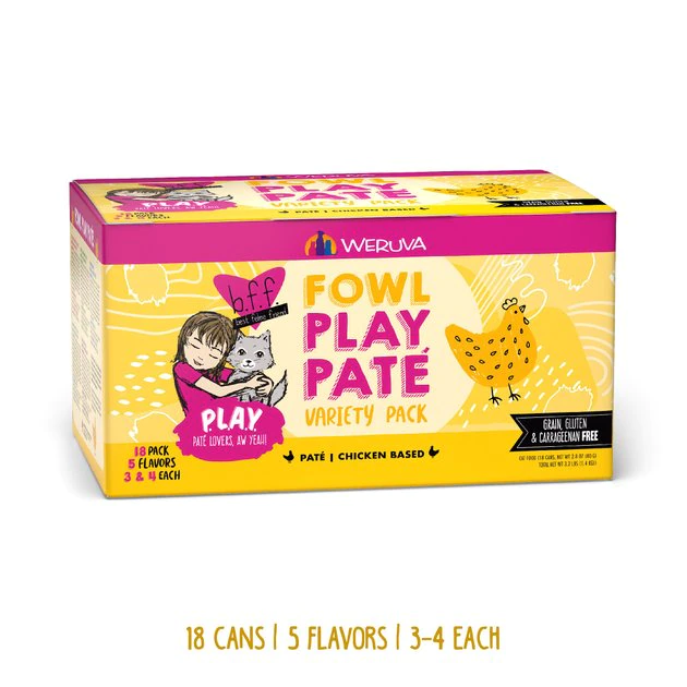Weruva B.F.F. PLAY - Best Feline Friend Paté Lovers, Aw Yeah! Fowl Play Yellow Patés Variety Pack Wet Cat Food, 2.8-oz, 18 pack - Image 2