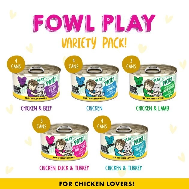 Weruva B.F.F. PLAY - Best Feline Friend Paté Lovers, Aw Yeah! Fowl Play Yellow Patés Variety Pack Wet Cat Food, 2.8-oz, 18 pack - Image 3